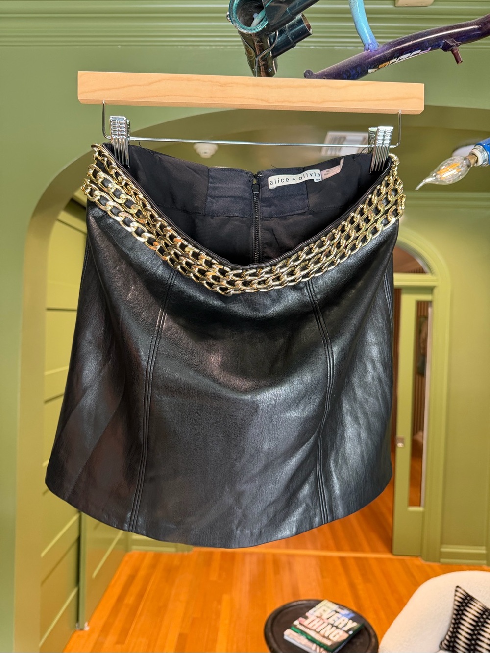 Alice + Olivia Black Leather Mini Skirt with Gold Chain Waist